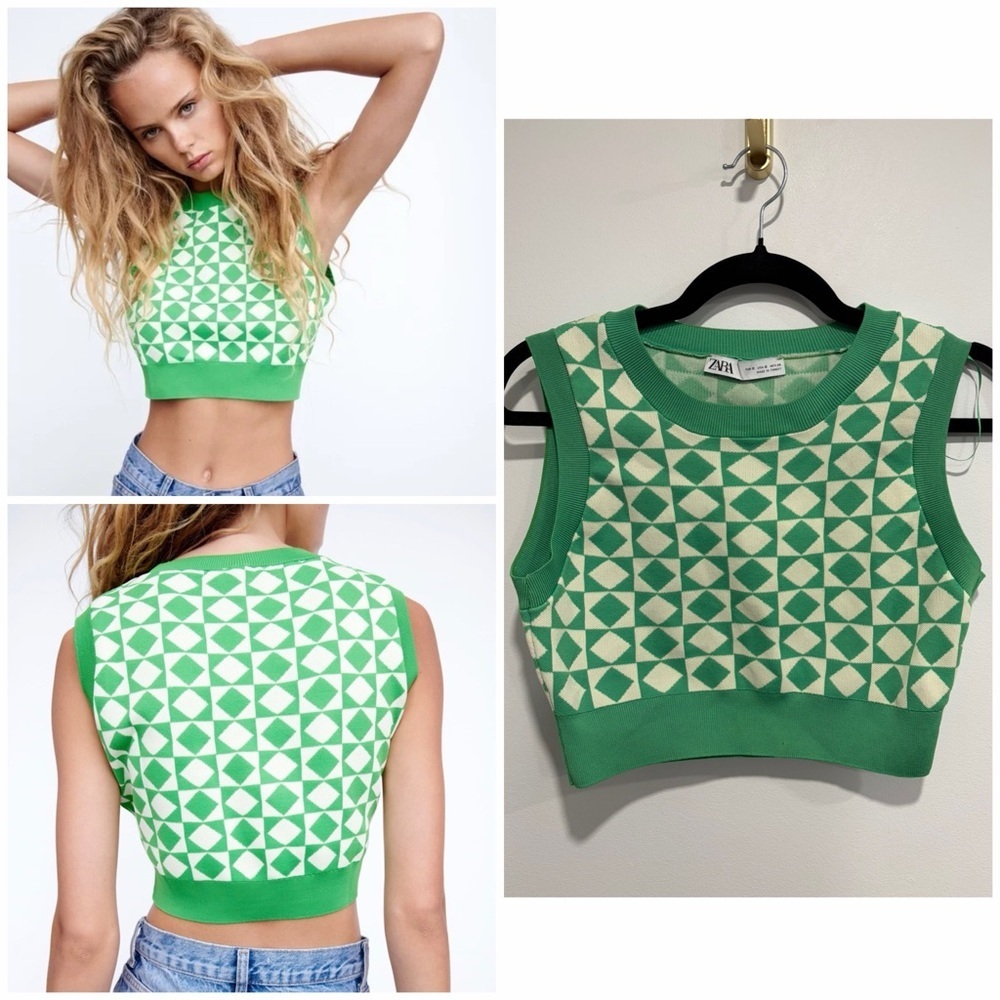 Zara Green Geometric Knit Crop Top Sleeveless Sweater Vest Retro Y2K Size S